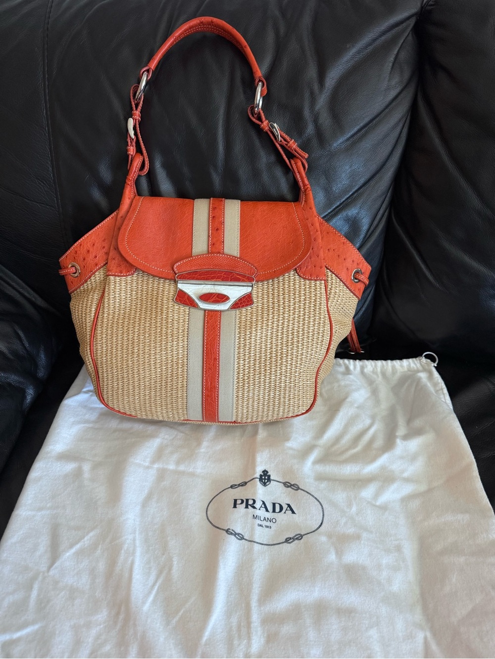 Prada Struzzo Trimmed Paglia Shoulder Bag